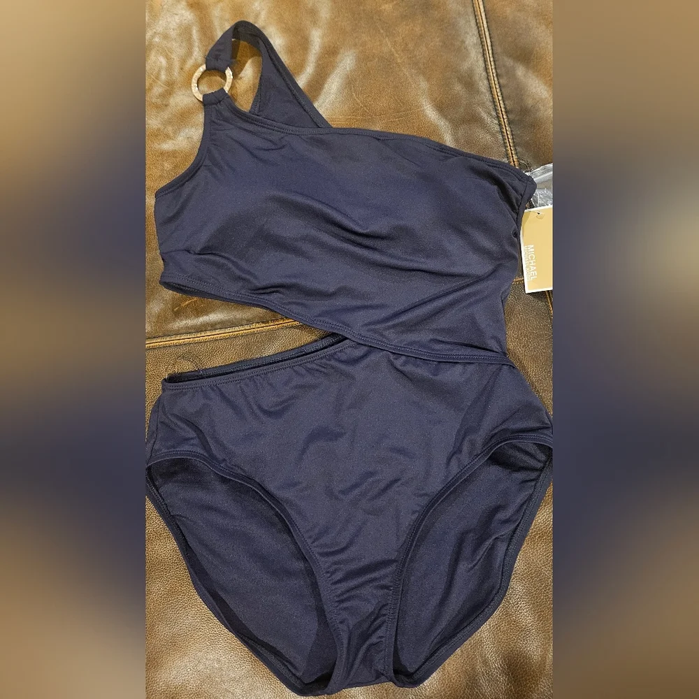 MICHEAL Michael Kors One Shoulder Cut‎ Out Swimsuit: Color- Navy: Size- 14
